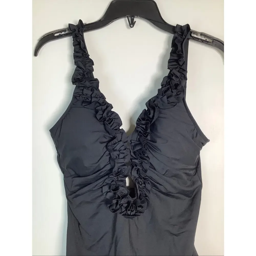 La Blanca Womens 6 Black Island Goddess Ruffle V Plunge One Piece Swimsuit C22-3